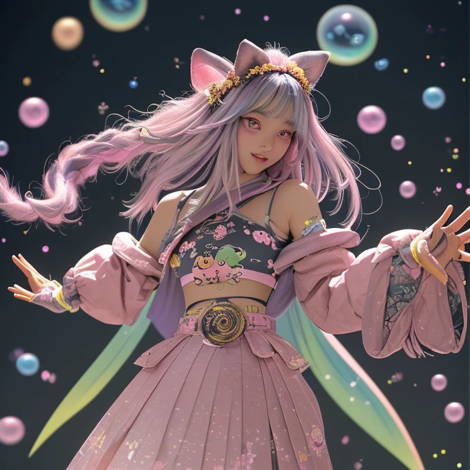 Group image of a group of Asian women posing for a photo，The upper part of the body、one girls、i have silver hair color、Two-tone、(Pink Highlight Hair、Curly hair，floral headband、very Bigger breasts、Sorcerer、whore、idol、garterbelts、off shoulders、Dancing、Jumping、Has a shining wand、Countless glowing spheres float、Glowing soap bubbles、cgstation ，ulzzang，（color），Multi-colored clothes, Popular on bbwchan, Yan Juncheng, Girls' Generation, Pink complexion（（（a lot of）））動物illustration，mixed species，different kinds of animals，various species，diverse animals，digimon evolution，ultimate evolution，Perfect body，ultimate body，horse，Anthropomorphic，digimon evolution，ultimate evolution，Perfect body，ultimate body，UFO，有是horse，Anthropomorphic，best quality，Super detailed，Realistic，（真實Art，概念Art：1.2），humor，天horse行空的imagination，quirky style，Cartoon creatures，Crazy combination，chaotic scene，，creativity，Art，mixed species啟發，Pokemon style，Love to play、whimsical、Colorful、Playful、imagination、Mysterious atmosphere、Cute characters、unique design、（（fictional animals））、eye-catching、Attention to detail、Colorful、expressiveness、Entertainment、Unconventional、Stimulate、various kinds，animal diversity，harmonious relationship，peaceful coexistence，animal world，Art表現，Beautifully illustrated creatures，Amazing fusion，hybrid animals，Unusual biological pairings，（（口袋妖怪Art風格）），數碼寶貝關鍵Art，杉森健Art，Maki Haku，位圖Art，釋放imagination，charming depiction，Case，Interesting visual storytelling，Rich creativity，Wonderful composition，自然的Art靈感，迷人的Art作品，Rich narrative，whimsical的故事，Playful的詮釋，富有imagination的設置，獨特的Art表達，Lively and dynamic，images full of energy，stunning details，精心製作的Art品極品，masterpiece，illustration，Set theme（Mecha，mechanical），Fluffy tail，mechanical腿，Foxfire，fluorescent