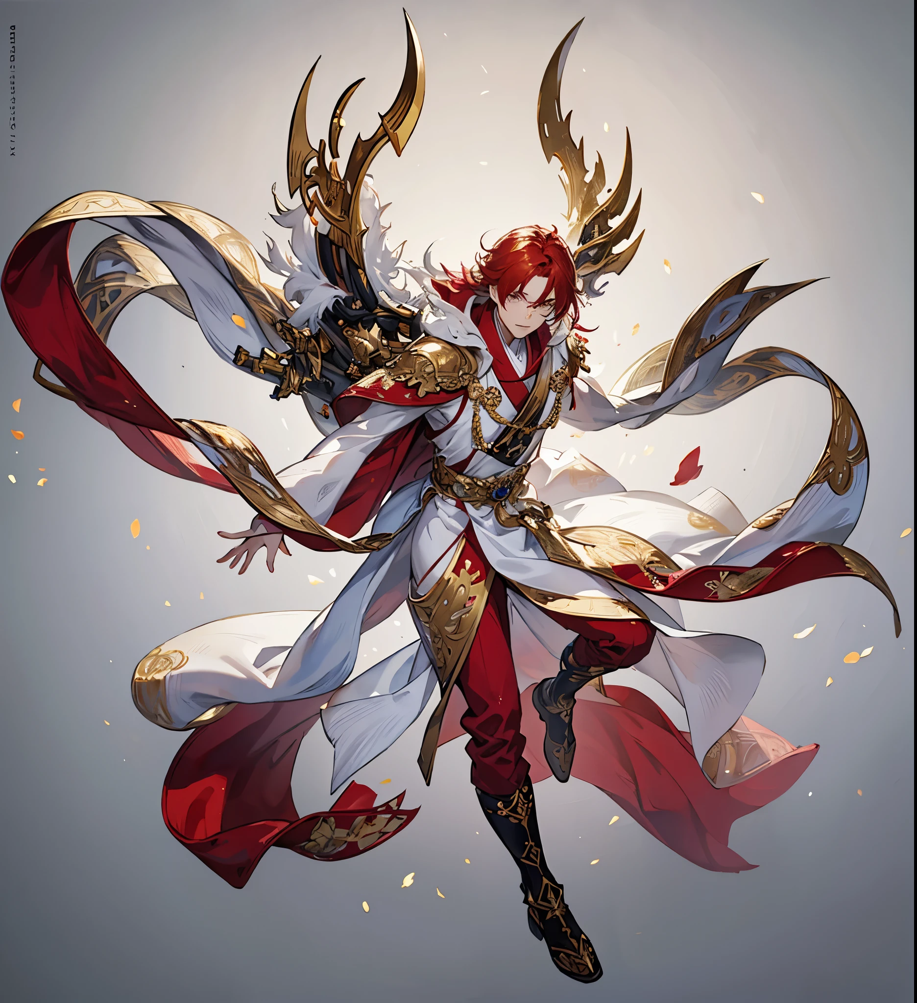 male,Vulcan,White robe with gold pattern,White clothes with gold trim,Red Hair,Three Kingdoms,immortal,White background