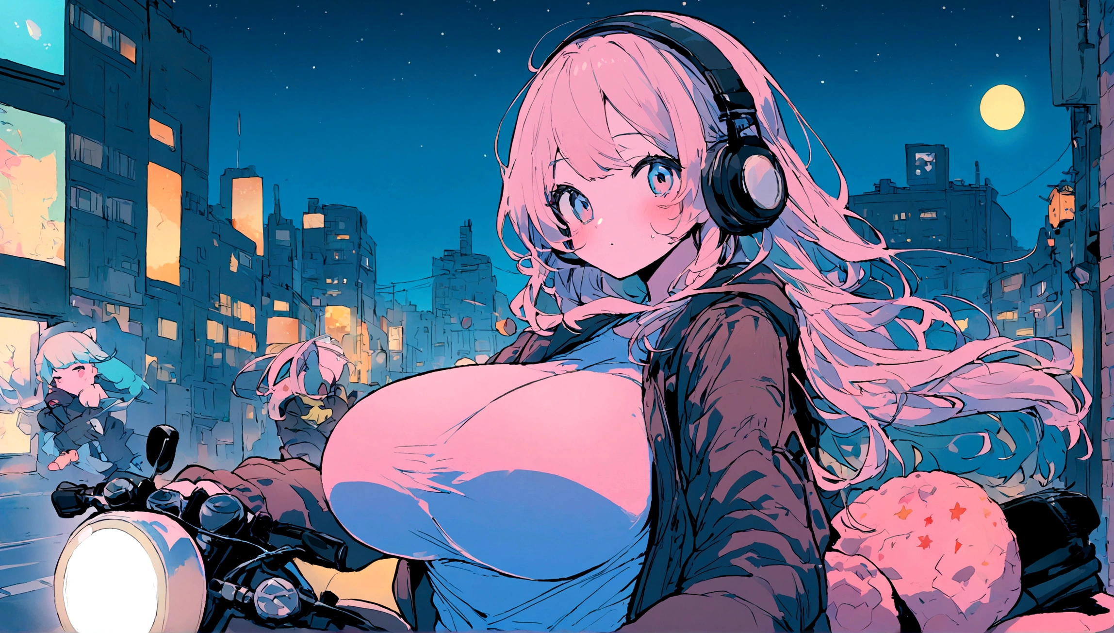 portrait、512、lofi、Girl with headphones 、night、Pastel colors、Painting, lots of stars and moon, super big breast,pank rock,portrait、512、lofi、Girl with bike、City view、Pastel colors、Painting, lots of stars and moon, super big breast,Riding a motorcycle and going for a run.