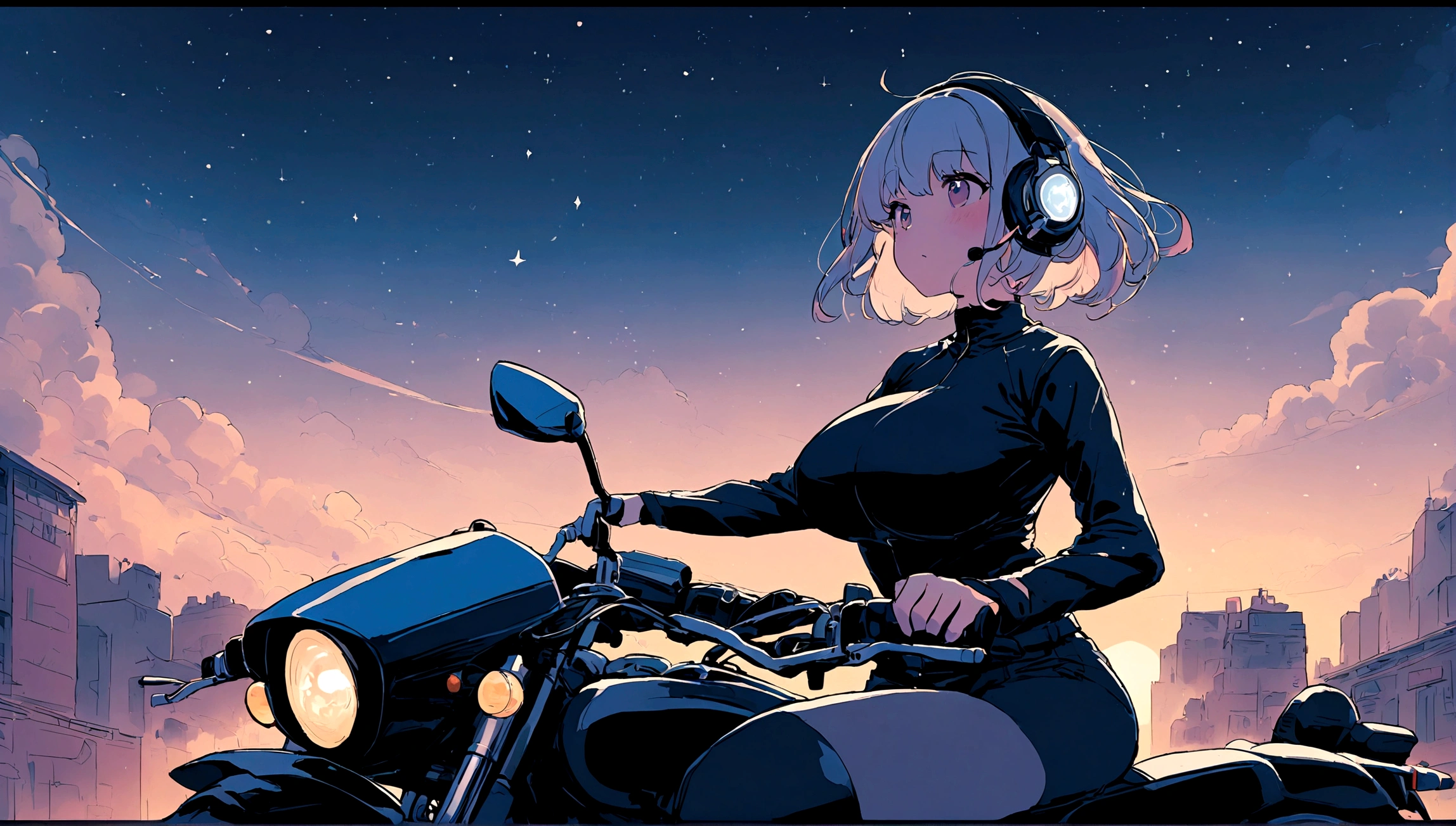 portrait、512、lofi、Girl with headphones 、night、Pastel colors、Painting, lots of stars and moon, super big breast,pank rock,portrait、512、lofi、Girl with bike、City view、Pastel colors、Painting, lots of stars and moon, super big breast,Riding a motorcycle and going for a run.