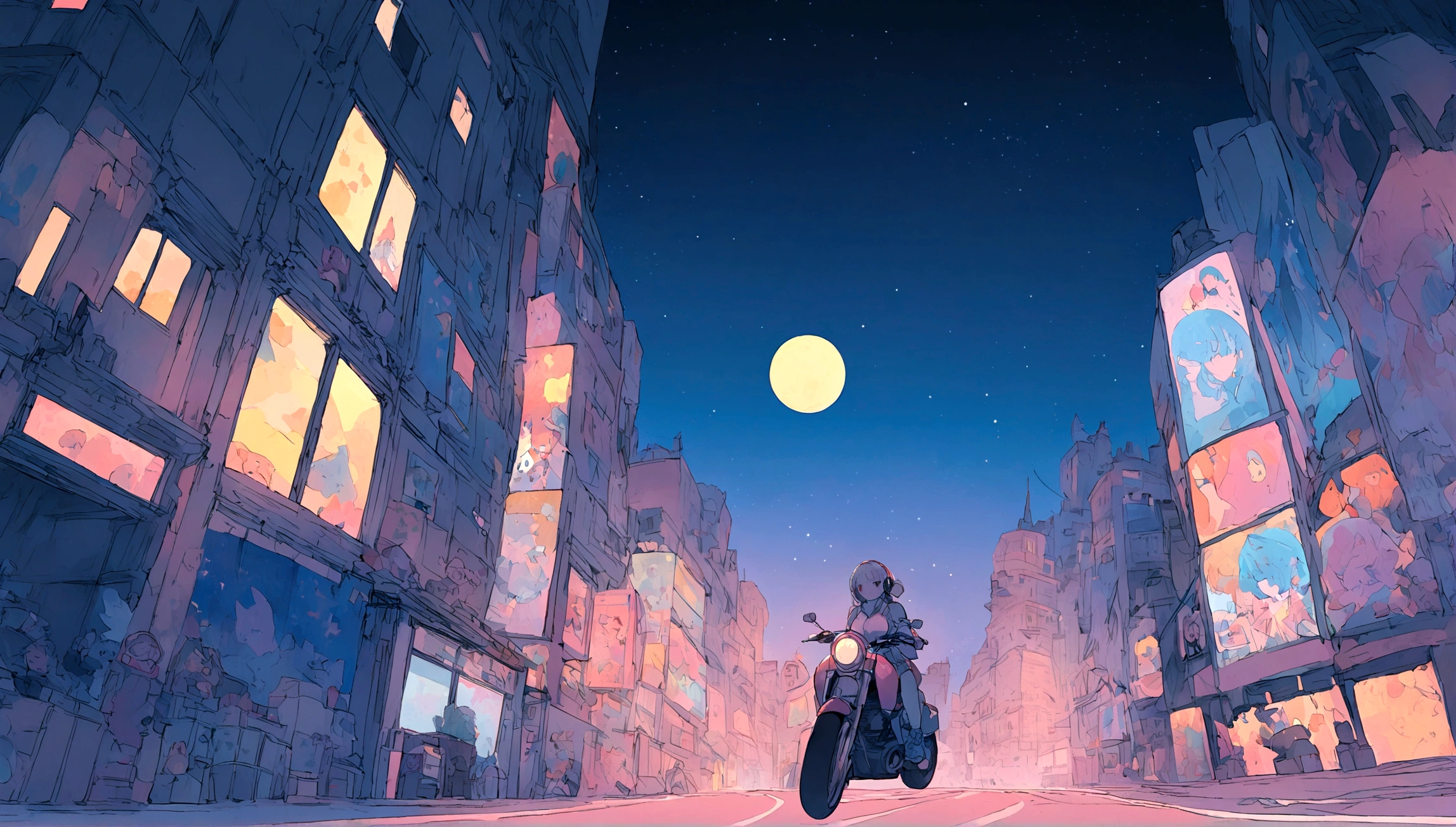portrait、512、lofi、Girl with headphones 、night、Pastel colors、Painting, lots of stars and moon, super big breast,pank rock,portrait、512、lofi、Girl with bike、City view、Pastel colors、Painting, lots of stars and moon, super big breast,Riding a motorcycle and going for a run.