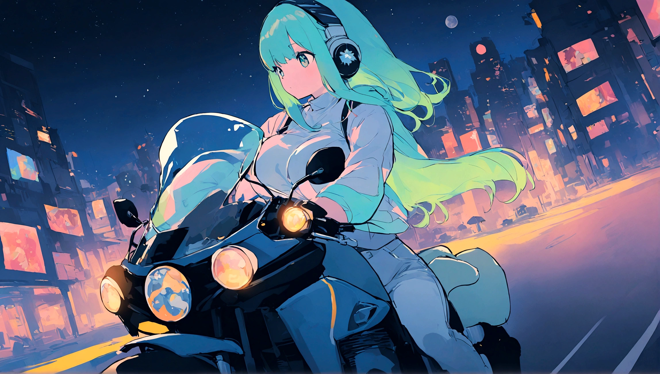 portrait、512、lofi、Girl with headphones 、night、Pastel colors、Painting, lots of stars and moon, super big breast,pank rock,portrait、512、lofi、Girl with bike、City view、Pastel colors、Painting, lots of stars and moon, super big breast,Riding a motorcycle and going for a run.