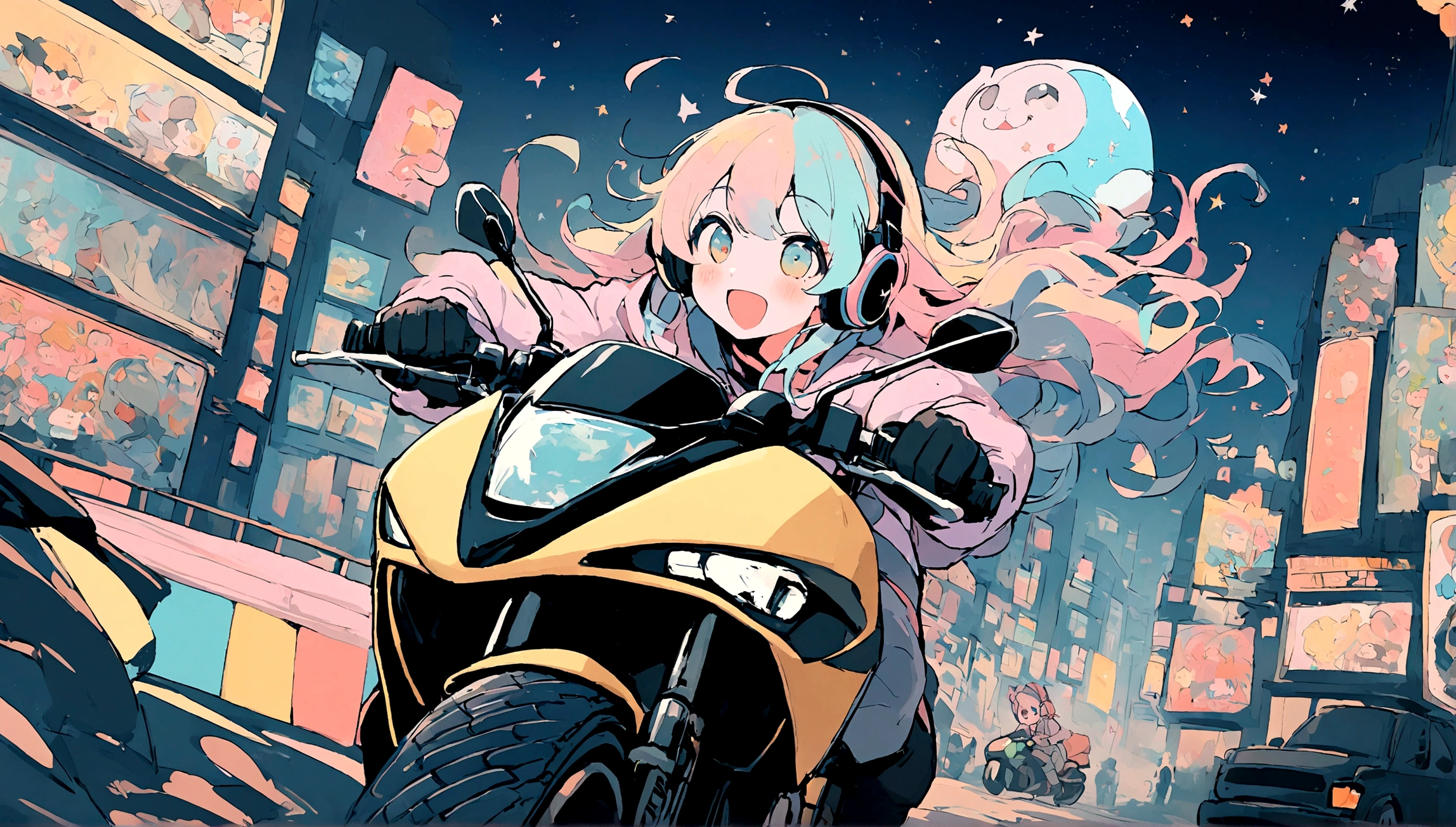 portrait、512、lofi、Girl with headphones 、night、Pastel colors、Painting, lots of stars and moon, super big breast,pank rock,portrait、512、lofi、Girl with bike、City view、Pastel colors、Painting, lots of stars and moon, super big breast,Riding a motorcycle and going for a run.