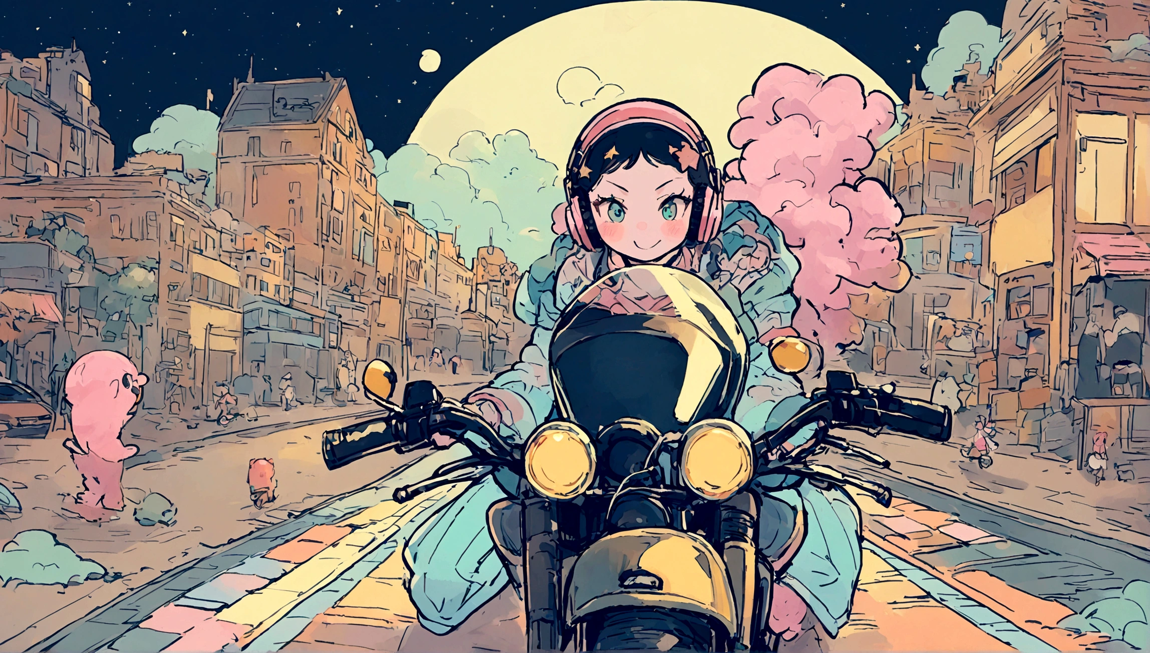 portrait、512、lofi、Girl with headphones 、night、Pastel colors、Painting, lots of stars and moon, super big breast,pank rock,portrait、512、lofi、Girl with bike、City view、Pastel colors、Painting, lots of stars and moon, super big breast,Riding a motorcycle and going for a run.