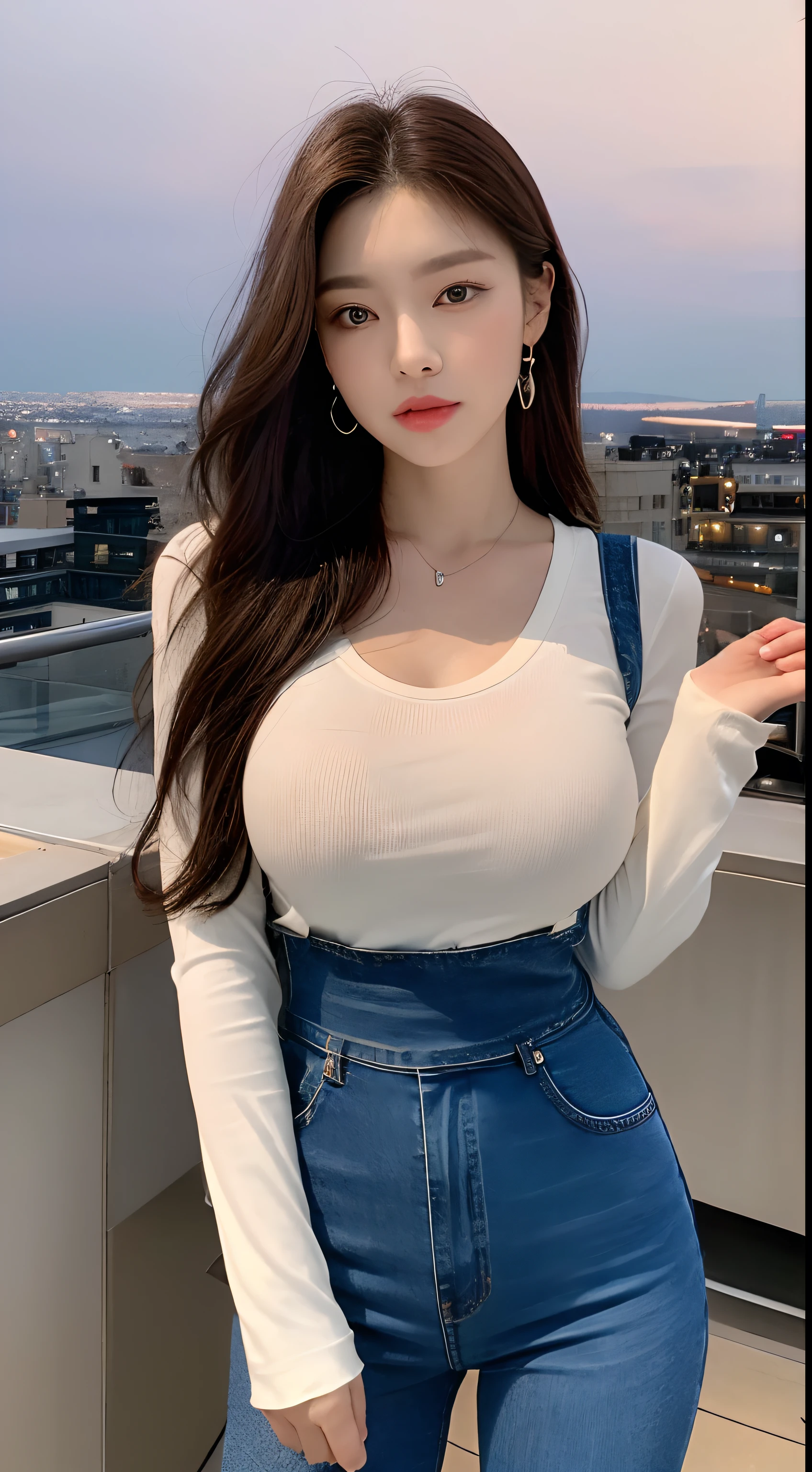 ((Midnight, Best quality, 8k, Masterpiece :1.3)), Whole body, Long legs, Sharp focus :1.2, A pretty woman with perfect figure :1.4, Slender abs :1.1, ((Dark brown hair, Big breasts :1.2)), (White tight tshirt, Jean bib, Standing:1.2), ((Night city view, Rooftop:1.3)), Highly detailed face and skin texture, Detailed eyes, Double eyelid