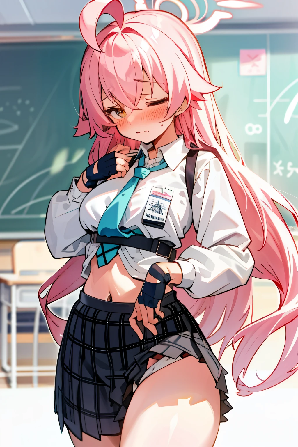 Hoshino (Blue archive), a girl with long uniform hair, pink hair, embarrassed face, blushing, bra visible, classroom, best quality, High quality, big breast, Big ass, big hips, Good thighs
