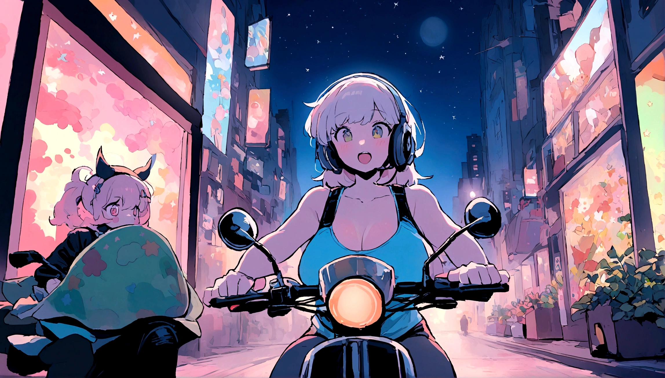 portrait、512、lofi、Girl with headphones 、night、Pastel colors、Painting, lots of stars and moon, super big breast,pank rock,portrait、512、lofi、Girl with bike、City view、Pastel colors、Painting, lots of stars and moon, super big breast,Riding a motorcycle and going for a run.