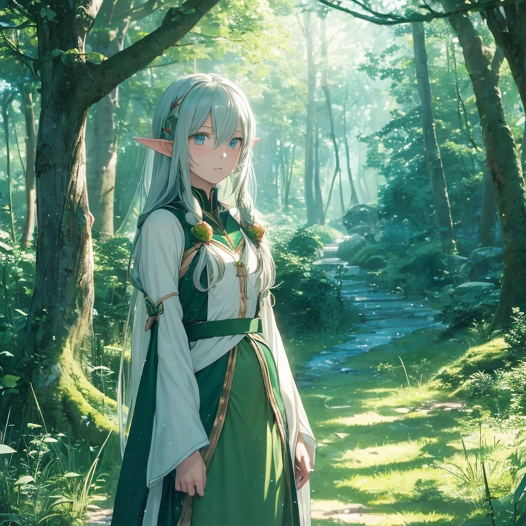 (8k, super details, award winning, high res), anime illustration, ((two elf girls)). One with long silver hair, green eyes. The other with short golden hair, blue eyes, in a green tunic. Set in a magical forest with glowing flowers and ancient trees.