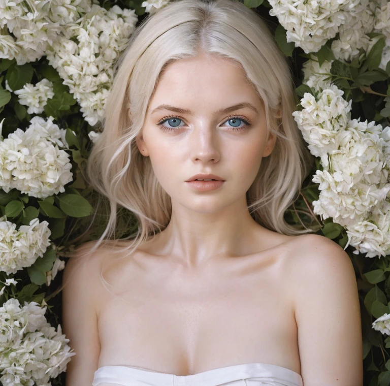 Beautiful girl, blue eyes, white hair, detailed facial traits, white greek female dress, flower wreath, naked breasts, greek architectural buildings