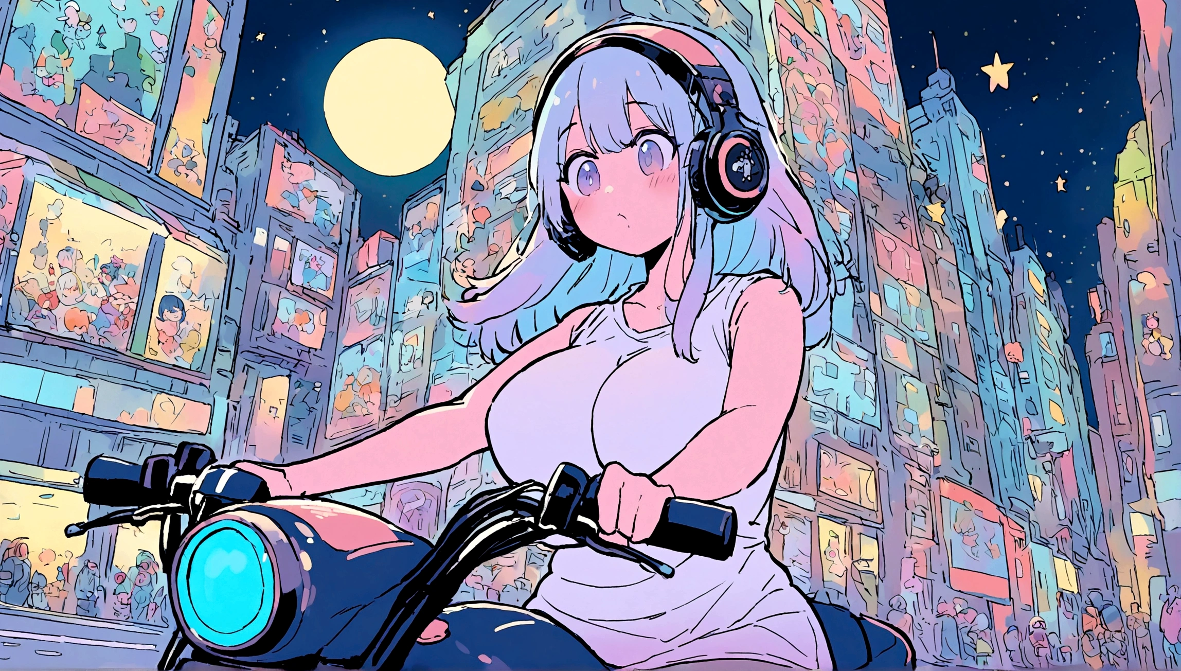 portrait、512、lofi、Girl with headphones 、night、Pastel colors、Painting, lots of stars and moon, super big breast,pank rock,portrait、512、lofi、Girl with bike、City view、Pastel colors、Painting, lots of stars and moon, super big breast,Riding a motorcycle and going for a run.