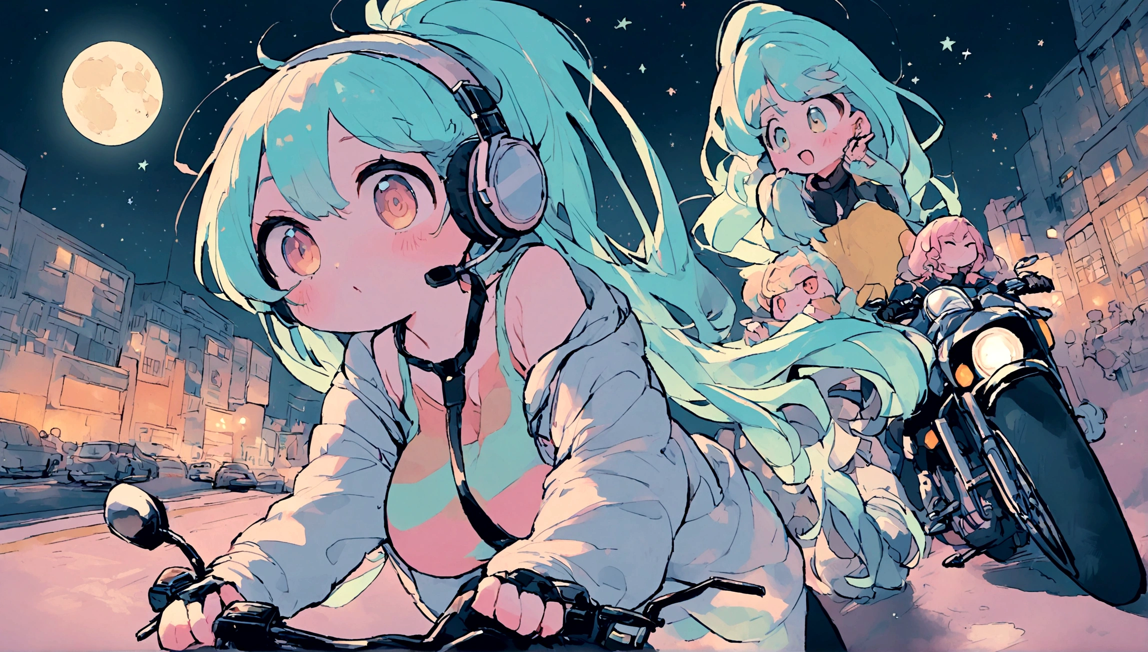 portrait、512、lofi、Girl with headphones 、night、Pastel colors、Painting, lots of stars and moon, super big breast,pank rock,portrait、512、lofi、Girl with bike、City view、Pastel colors、Painting, lots of stars and moon, super big breast,Riding a motorcycle and going for a run.