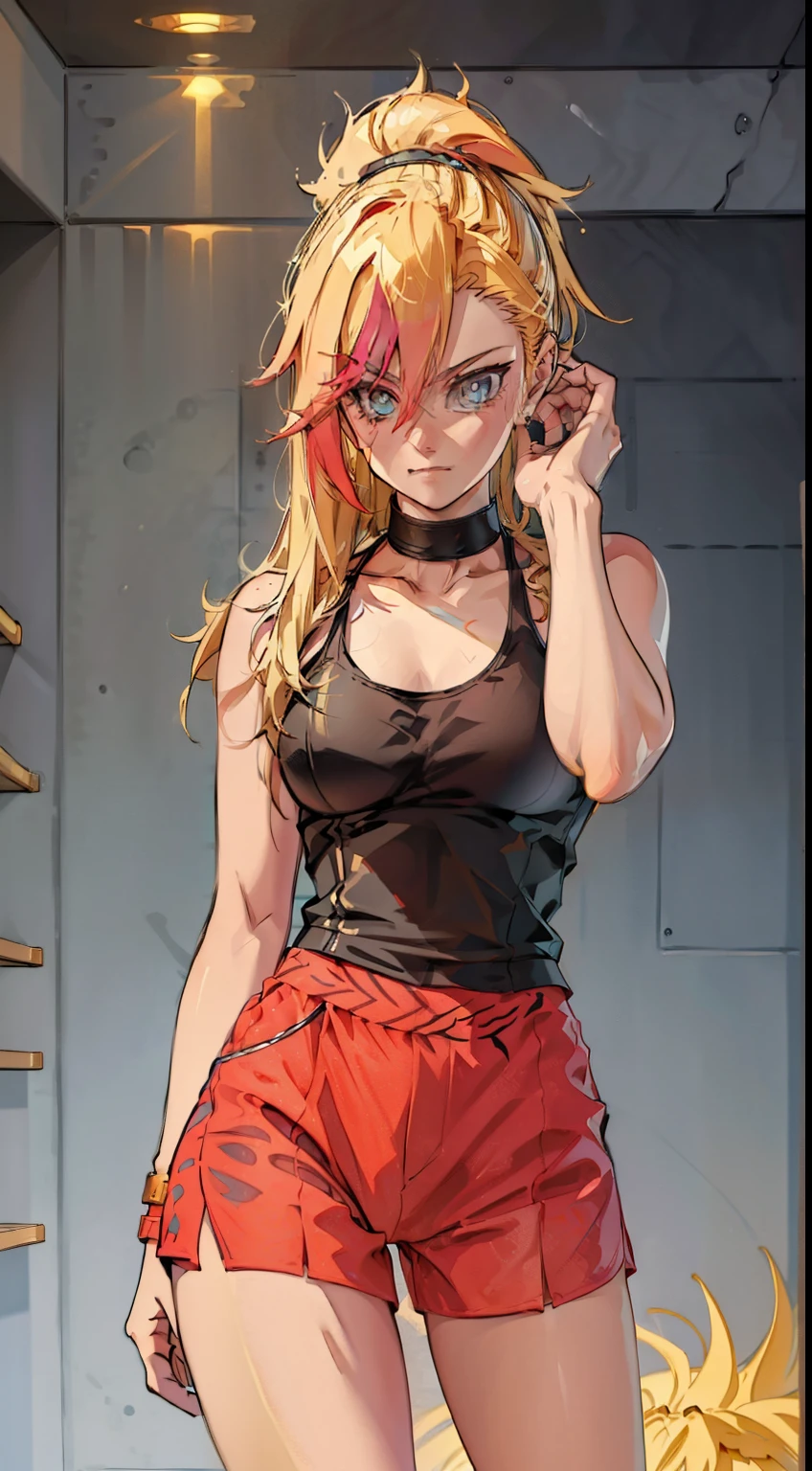 young girl, longue blonde hair, Hairpin with a bundle, turquoise eyes, Yakuza tattoos, red tight uniform, Sleeveless, Wide neckline on the chest to the abdomen, Gold Elements, Red gold armor, Shorts, claws, smirk, Masterpiece, hiquality, 4k, HD, Good detail