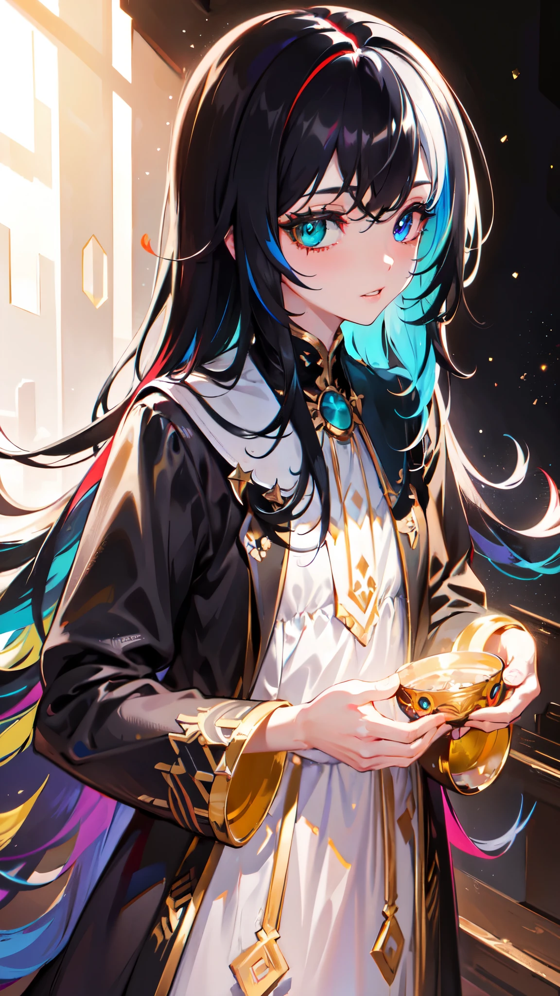 {{masterpiece}}, best quality, extremely detailed CG unity 8k wallpaper, cinematic lighting, lens flare, beautiful detail eyes, black, side glance, multicolor hair, colorful light, particles, heterochromia, (colorful:1.5), (colorful hair:1.5),