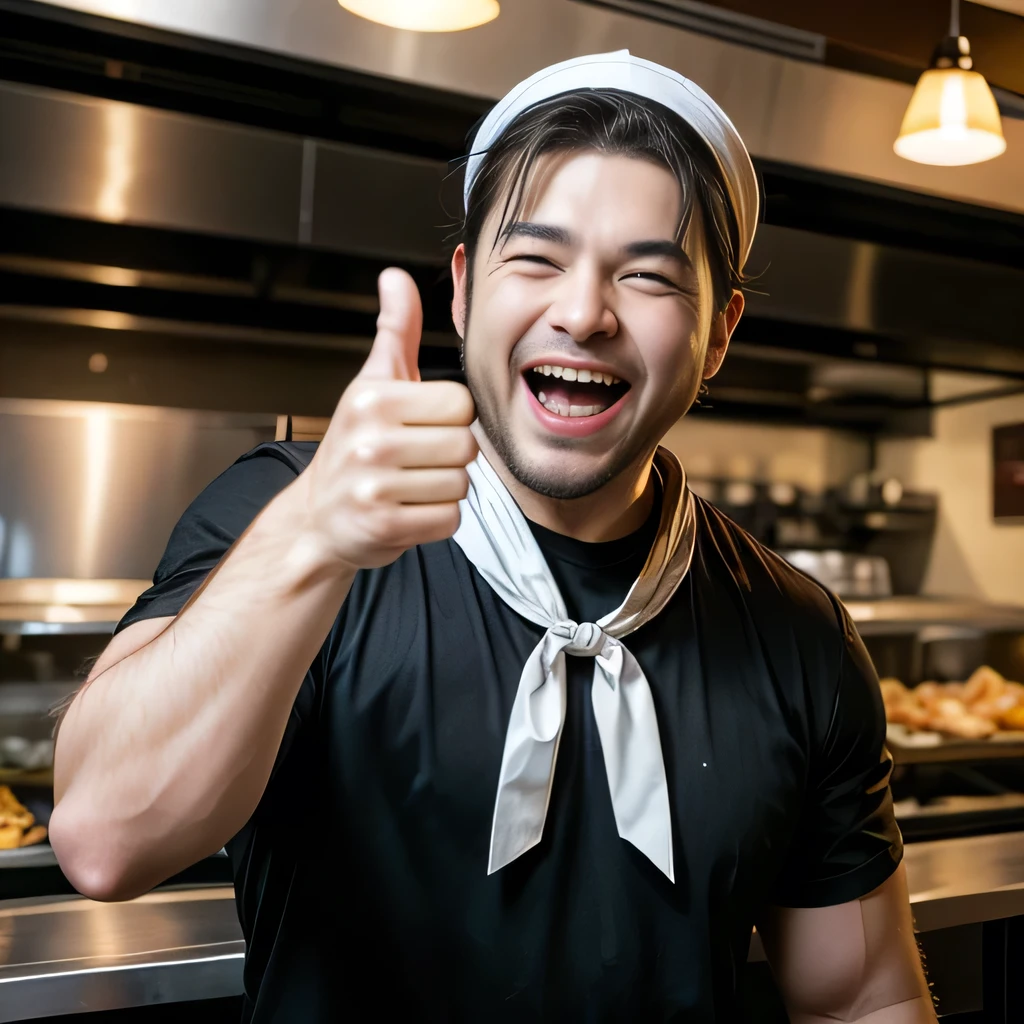8K, ultra detailed, (realistic:1.2), masterpiece, 40yo, A man wearing a black T-shirt and a white bandana on his head, (laugh:1.5), (thumbs up), (fat, muscular:1.0), Ramen restaurant kitchen, standing