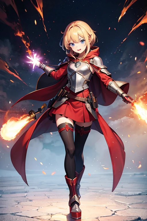 Anime drawings、Full body portrait、Wizards in the Shadowrun world、A female wizard, about 140cm tall, around 24 years old, wearing a steel breastplate, a red skirt and a red hooded robe, shooting fireballs.、wearing red hood、Hair style: short medium、Blonde、Laughing with mouth open、gloves、Platform boots、Arm guard、Red shoulder armor、Three white eyes、Blue Eyes、Flat chest、Black tights