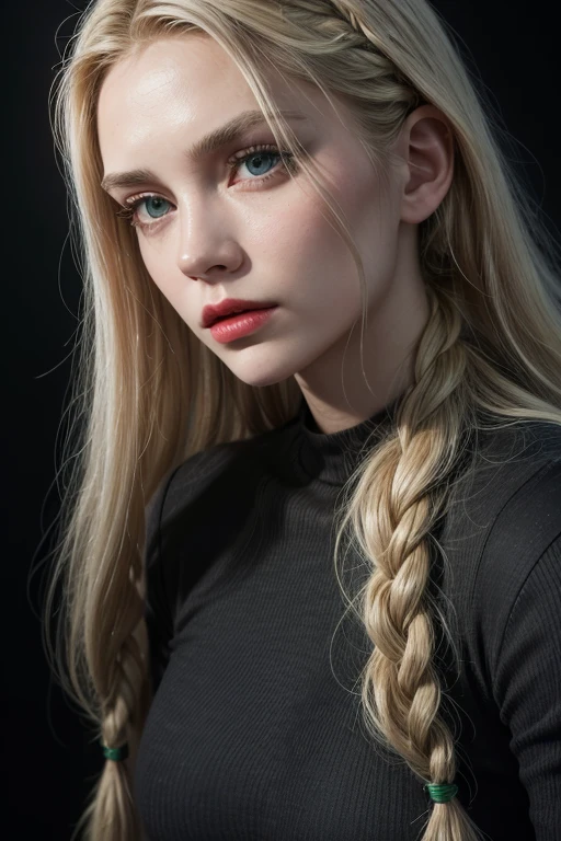 High face quality, A woman in black jeans and a green tall shirt, very longest braid blonde hair,eyes gray,body: very huge , muscular body,red lips, perfect face ,wide angle photograph,wide angle lens, close-up, highly detailed , high quality,8k, HDR, FullHD, cinematic, studio lighting