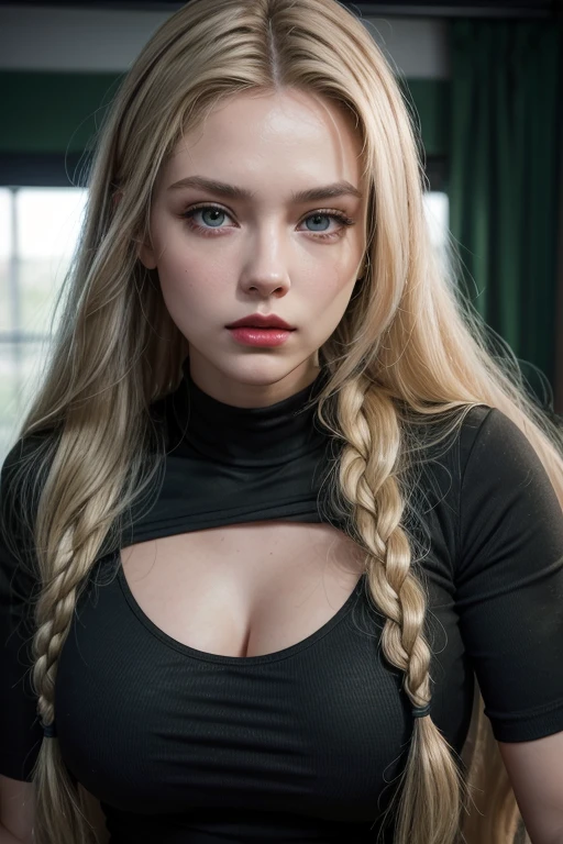 High face quality, A woman in black jeans and a green tall shirt, very longest braid blonde hair,eyes gray,body: very huge  , muscular body,red lips, perfect face ,wide angle photograph,wide angle lens, close-up, highly detailed , high quality,8k, HDR, FullHD, cinematic, studio lighting 