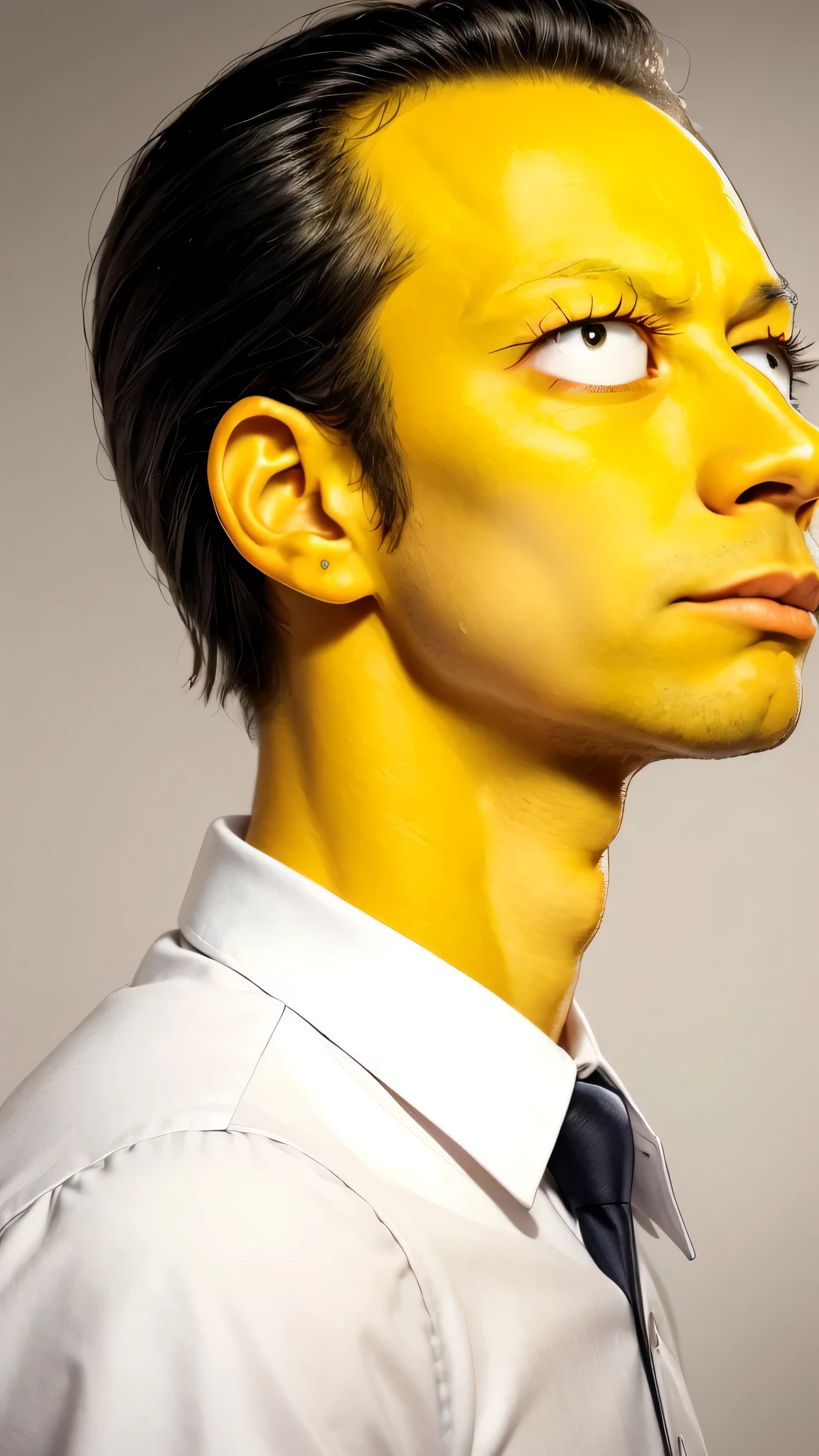 Male character, yellow skin, black hair, white shirt, white collar and sleeves, the simpson style, profile photo, front perspective, looking at the viewer, small nose, closed mouth, realistic