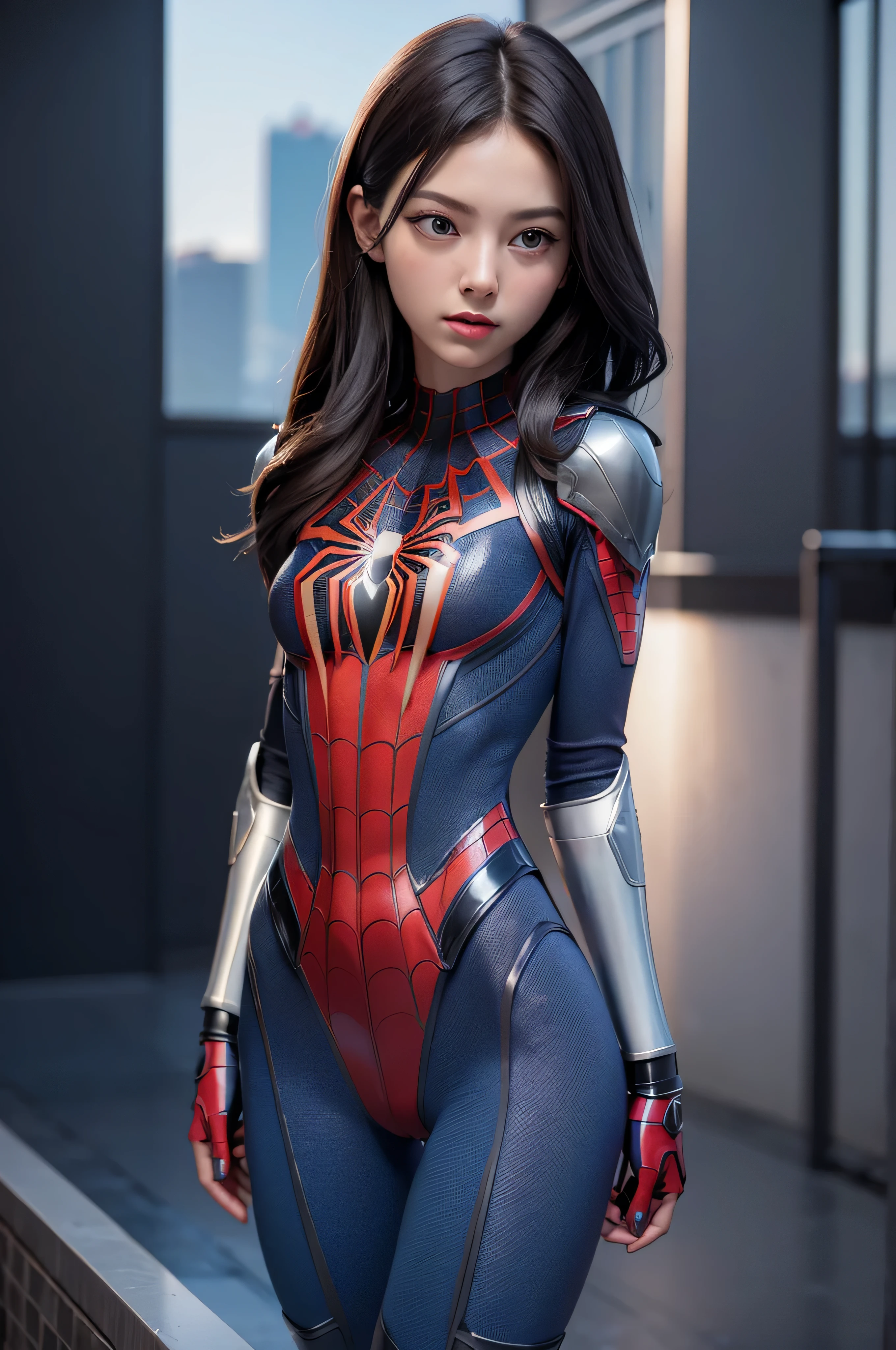((masterpiece, 8K, 3D, Realistic, Super Detail)), (1girl:1.3), slender age, Ultra Micro photography, Melissa Benoist Super realistic, Perfect face, 16K resolution, 4k resolution, The photo was taken from the Front, facing to the photographer, Foreground photo, dynamic lighting, high-definition resolution, Beautiful features, ((Perfect female Model Slim body)) Beautiful features, Standing pose, ((small hip)), (((2 piece Spider Man armor Hotpants-Bikini))), Sci-fi futuristic, ((Spider Man armor)) ((bionic Fragmented Spider Man chest armor suit)), ((Exposed slim thighs)), wear mesh metal-stockings, ((slim thighs)), ((bionic Slim thighs Steel armor)), Front Full body Shot, full body portrait, perfect legs, shoes, futuristic city background