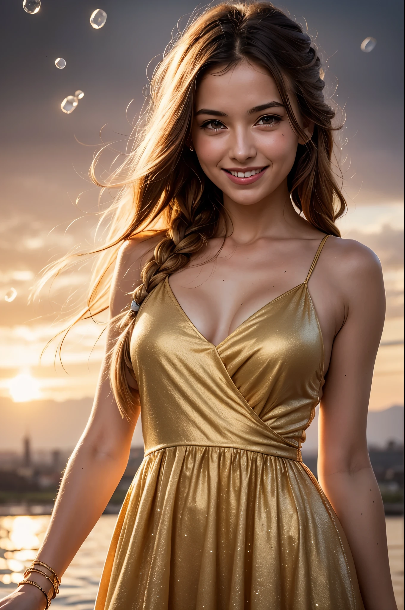 Superb masterpiece, upper body, (adult: 1.3) Hungarian woman, (giggle: 0.7), arms behind the head, golden braids, sparkling eyes, Victorian sun dress, floating light particles, centered, added facial detail