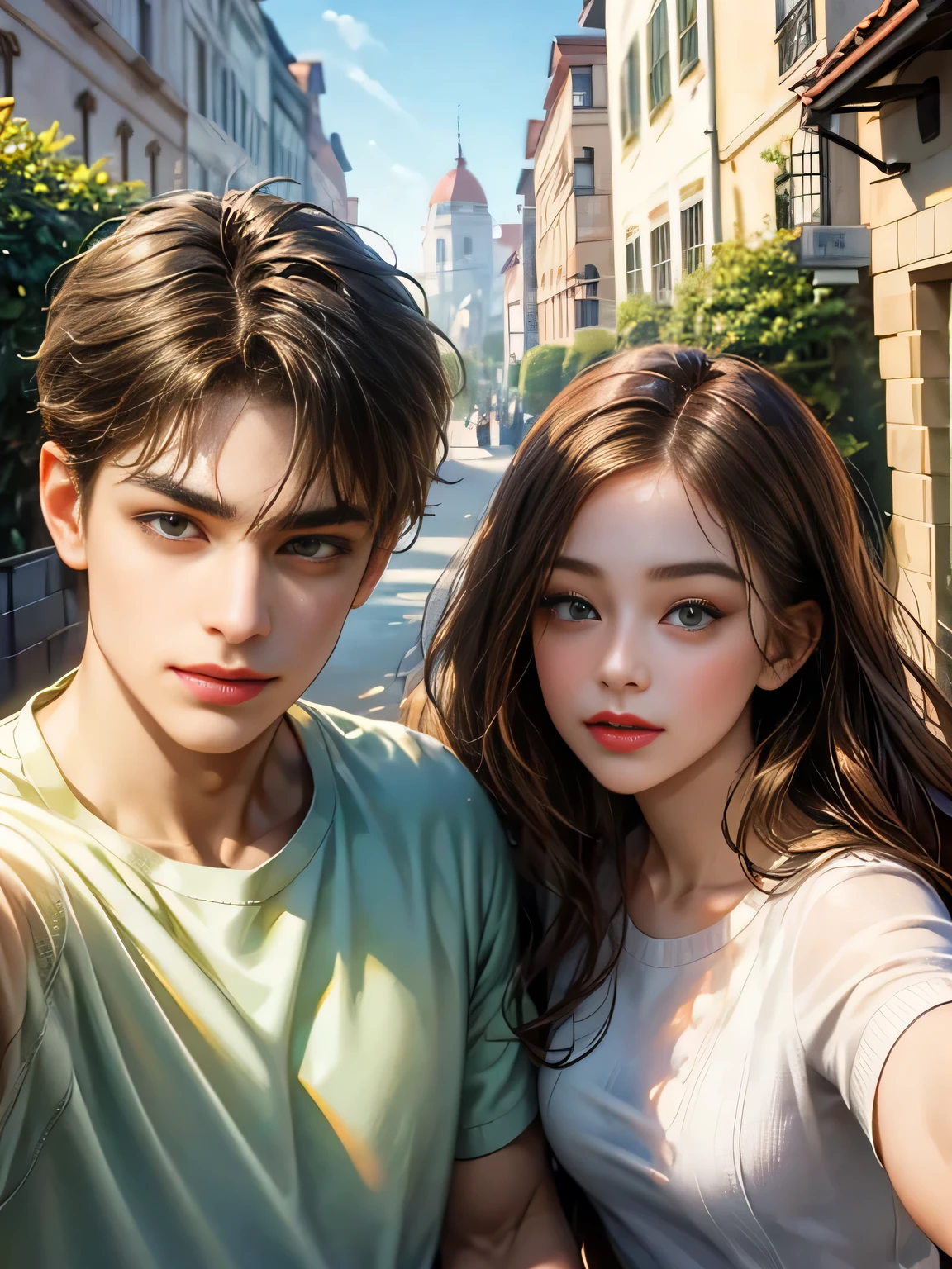The boy has green eyes,a girl with brown eyes,selfie. He looks at the girl,facing forward