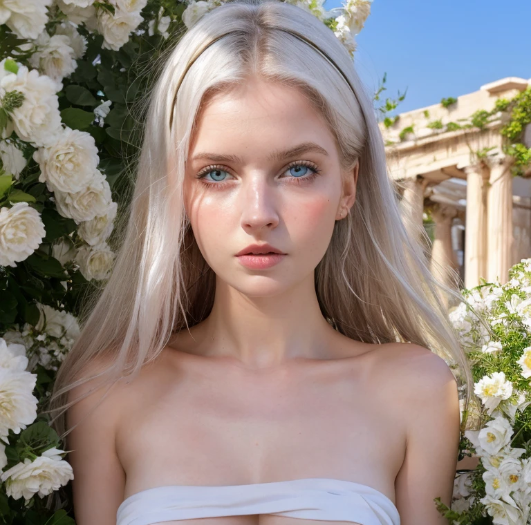 Beautiful girl, blue eyes, white hair, detailed facial traits, white greek female dress, flower wreath, ????? ???????, greek architectural buildings behind