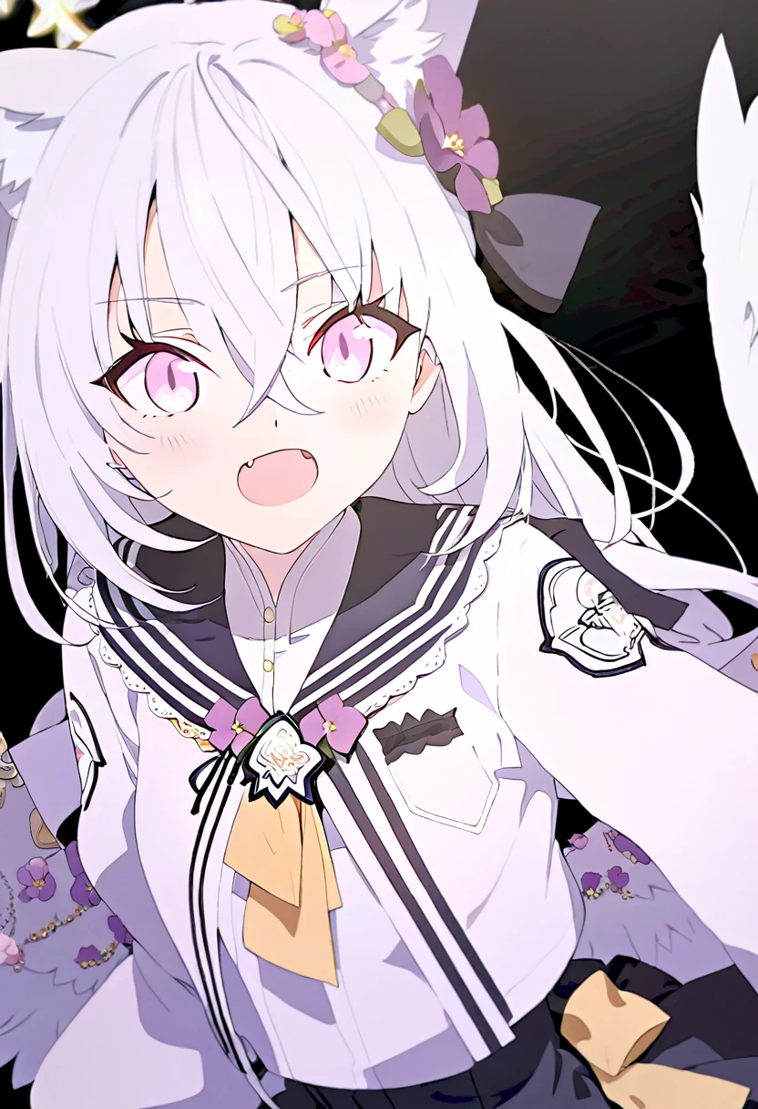 azusa \(blue archive\), 1girl angel_wings animal_ear_fluff animal_ears black_dress black_sailor_collar blush cat_ears dress fang feathered_wings hair_between_eyes halo jacket long_hair long_sleeves looking_at_viewer open_mouth pink_eyes puffy_long_sleeves puffy_sleeves sailor_collar simple_background skin_fang solo white_background white_hair white_jacket white_wings wings yellow_halo little_smile