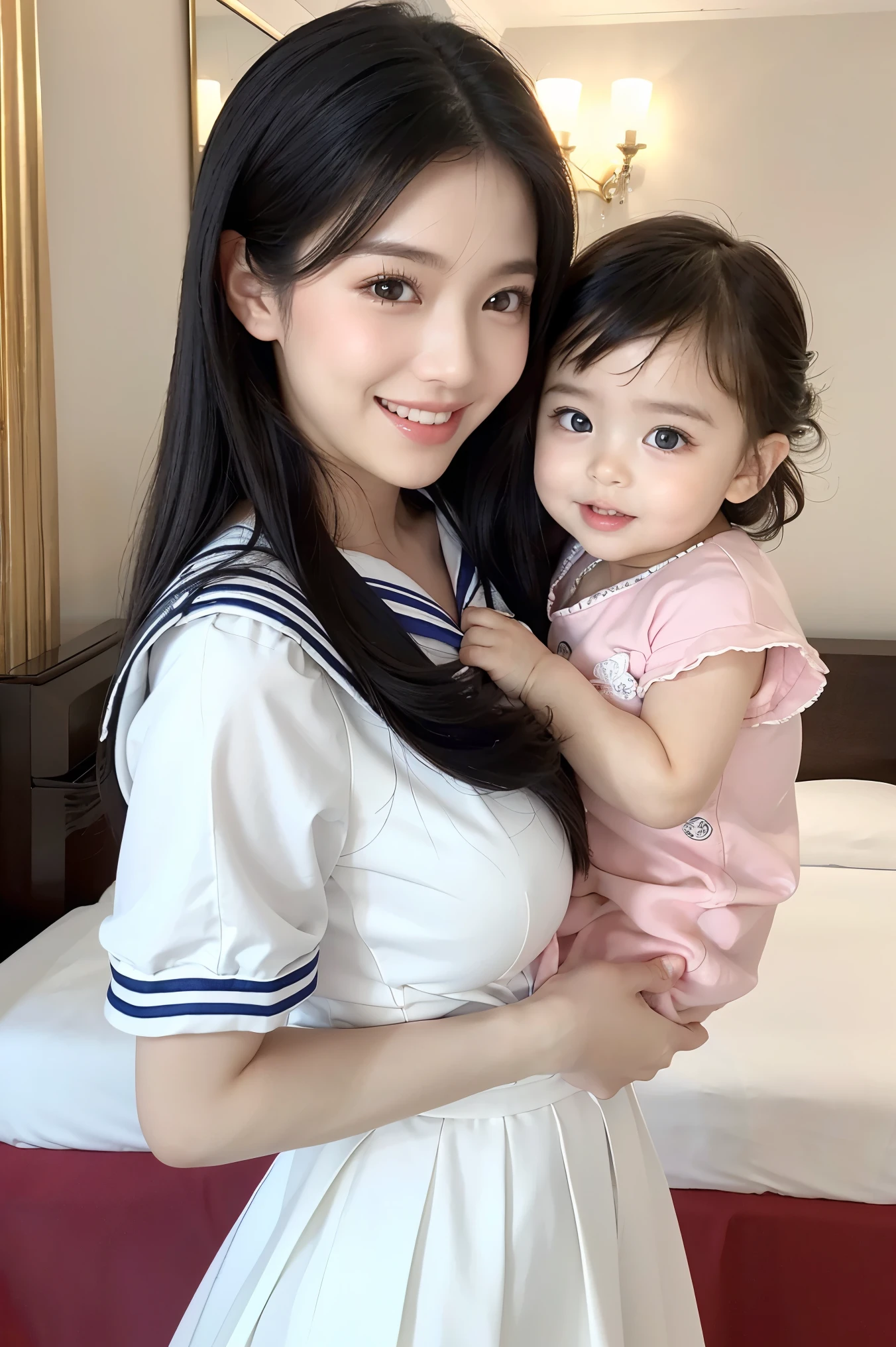 (highest quality、Tabletop、8k、Best image quality、Award-winning works)、(A high school girl holding a 3--old )、(The perfect and most natural sailor suit:1.2)、(The most natural and perfect three-year-old:1.2)e mosccurate and detailed 3 year old:1.3)、(Closeof face:1.15)、Big Breasts、Accentuate your body lines、Ultra HD Hair、Ultra high resolution perfect beautiful teeth、The most beautiful smile looks at me、Ultra-high definition beauty face、Ultra HD Hair、Ultra-high definition sparkling eyes、Shining ultra-high definition white skin、Ultra-high quality glossy lips、(Accurate anatomy:1.4)、(Extremely blurred luxury hotel bedroom background:1.1)、(Strongly blurred background:1.1)、Luxury wall decor、Luxury Interior