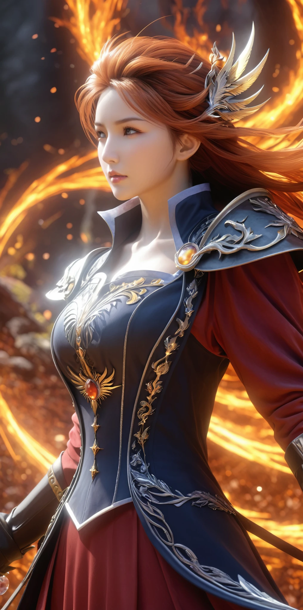 (8k, highest quality, masterpiece, final fantasy style: 1.2), (Realistic, photoRealistic: 1.37), Super detailed, One Girl, {black mage imbued with light}, Wide viewing angles, huge firm bouncing bust, Very delicate depiction, Miniature painting, Detailed depiction of the face, Detailed depiction of hair, Accurate skeleton, Dress with intricate patterns, Complicated armor, long thick sword,dream-like,Ultra-realistic mixed fantasy world,A mix of realistic and fantastical elements,Magical Effects,(Magic circle on the ground, Casting a Spell, Swirling Magic, Light particles),Dynamic Light,red,fire, red fire eyes,elegant,Rays of Sin,dark,(dark magic), (strict), The battle between good and evil, (Swirling Flames:1),universe, lightning, eruption, magic circle, Complex patterns, (Phoenix:1.4), (huge mother crystal, huge flame:1.2)