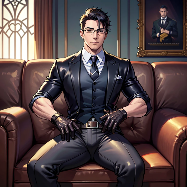 1boy, 16~20 years old, male focus, muscular male, nsfw, 3D, realistic, indoor, normal hue, central, golden ratio, sitting on the leather couch, sharp-featured body, tall, burly, highres, slender build, perfect anatomy, skin texture, thick dark buzzcut hair, see-through bangs, shallow eyebrow, symmetrical eyebrow, large bright eyes, symmetrical eyes, square gold-rimmed glasses, big straight nose, closed mouth, double-edged polearm, broad shoulders, noble attire, bdominal stretch, tight-fitting, leather collar, stand-up collared shirt, necktie, waistcoat, open thickened glossy dark leather jacket, six-pack abs, leather gloves, black trousers, leather belt, spreading long thin legs, large erect penis over 10 inches length and 3 inches width, erection, large scrotum with testicles, masturbation, high-heeled leather boots, soft smile, handsome, powerful, from front, looking ahead at viewer, day, masterpiece, best quality, hyper-detailed, intricate detail, professional photography, matte, bright, the most beautiful ever seen, post processing, dreamatic lighting, ambient lighting, epic composition, ultrawide shot, uplight, raytracing reflections, depth of field, gorgeous background