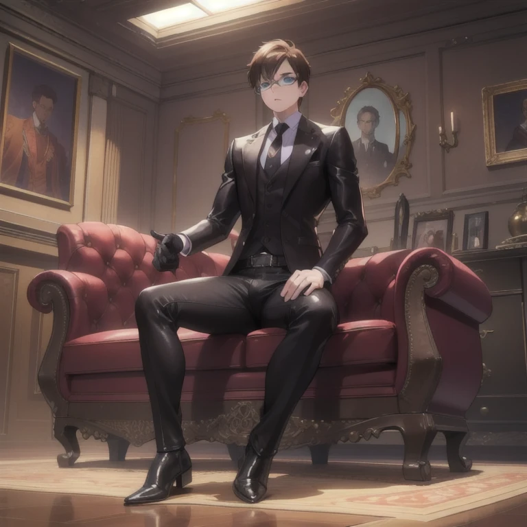 1boy, ~20 years old, male focus, muscular male, nsfw, 3D, realistic, indoor, normal hue, central, golden ratio, sitting on the leather couch, sharp-featured body, tall, burly, highres, slender build, perfect anatomy, skin texture, thick dark buzzcut hair, see-through bangs, shallow eyebrow, symmetrical eyebrow, large bright eyes, symmetrical eyes, square gold-rimmed glasses, big straight nose, closed mouth, double-edged polearm, broad shoulders, noble attire, bdominal stretch, tight-fitting, leather collar, stand-up collared shirt, necktie, waistcoat, open thickened glossy dark leather jacket, six-pack abs, leather gloves, black trousers, leather belt, spreading long thin legs, large erect penis over 10 inches length and 3 inches width, erection, large scrotum with testicles, masturbation, high-heeled leather boots, soft smile, handsome, powerful, from front, looking ahead at viewer, day, masterpiece, best quality, hyper-detailed, intricate detail, professional photography, matte, bright, the most beautiful ever seen, post processing, dreamatic lighting, ambient lighting, epic composition, ultrawide shot, uplight, raytracing reflections, depth of field, gorgeous background