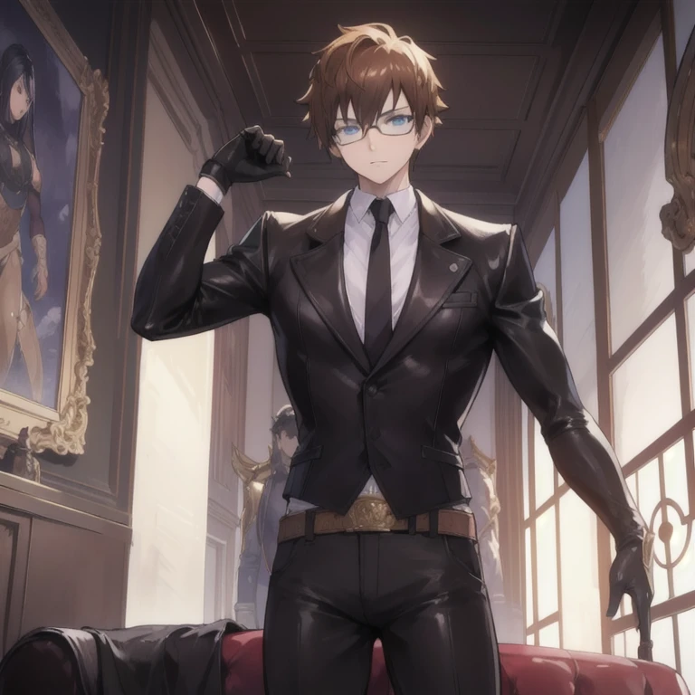 1boy, ~20 years old, male focus, muscular male, nsfw, 3D, realistic, indoor, normal hue, central, golden ratio, sitting on the leather couch, sharp-featured body, tall, burly, highres, slender build, perfect anatomy, skin texture, thick dark buzzcut hair, see-through bangs, shallow eyebrow, symmetrical eyebrow, large bright eyes, symmetrical eyes, square gold-rimmed glasses, big straight nose, closed mouth, double-edged polearm, broad shoulders, noble attire, bdominal stretch, tight-fitting, leather collar, stand-up collared shirt, necktie, waistcoat, open thickened glossy dark leather jacket, six-pack abs, leather gloves, black trousers, leather belt, spreading long thin legs, large erect penis over 10 inches length and 3 inches width, erection, large scrotum with testicles, masturbation, high-heeled leather boots, soft smile, handsome, powerful, from front, looking ahead at viewer, day, masterpiece, best quality, hyper-detailed, intricate detail, professional photography, matte, bright, the most beautiful ever seen, post processing, dreamatic lighting, ambient lighting, epic composition, ultrawide shot, uplight, raytracing reflections, depth of field, gorgeous background