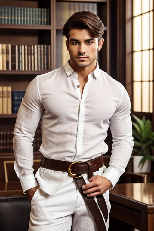 23 year old male prince with wavy, short, dark brown princely hair cut that hangs partly down his forehead, but the sides are shorter, deep ocean blue eyes, angular jawline, square, light stubble, golden honey brown skin, slightly broad shoulders, muscular build, athletically toned; right hand scar (top and palm) from a dagger, wearing casual loose and open white cotton linen long sleeve untucked tunic, black leather pants, black sword belt strapped at waist, library backdrop.
