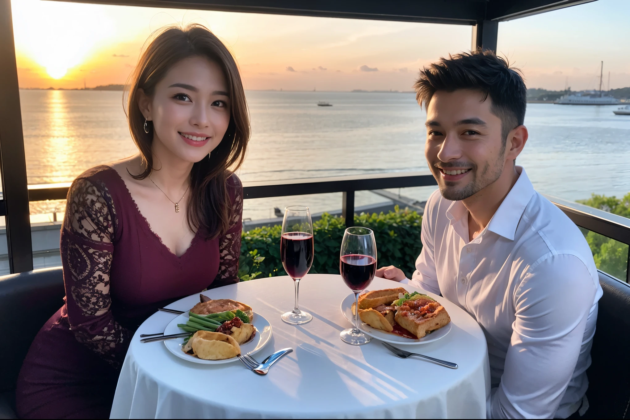 ((highest quality、8k、masterpiece:1.3))、 (Realistic, Real、Bright image、Intricate details:1.2), Best smile 1 man 1 woman、Beautiful couple、lover、couple、spouse、Beautiful couple、Happy smile、full-course dinner、 (Slim face), (Slim Body), (Brown Hair), (Short Hair), テーブルの上のwine glass、Please put light on my face、 Amazing view of the sunset sky and clouds、 (Age 42), 39 years old, red wine 、Appetizers、Wine bottle、sparkling wine、Long sleeve shirt、dress、White wine, red wine, wine glass,