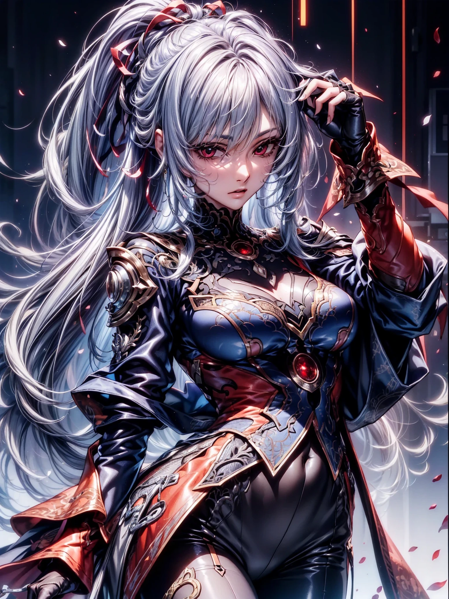 (top-quality、tmasterpiece、Very high resolution、super high image quality、High-quality pixels)、perfect eyes, perfect face, solo，8K, large breast，(Detailed description of hair), (Detailed description of face),(Detailed description of body), fair and clear skin, matchless beauty, long legged, (30 years old)，facing the audience, professional photographic lighting，dark cyber outfit、detailed light red eyeballs, silver hair，cowbody shot，ponytail，bangs