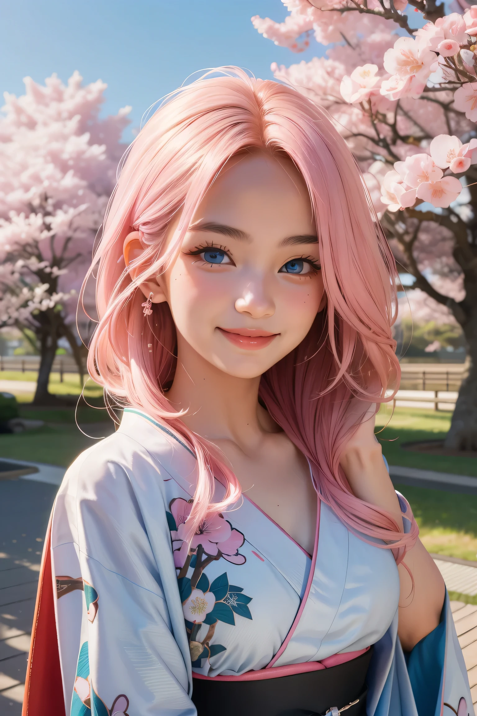 (masterpiece, best quality:1.2), pov, solo focus, upper body, 1girl, hand on another's cheek, smile, pink hair, blue eyes, japanese clothes, kimono, cherry blossom trees