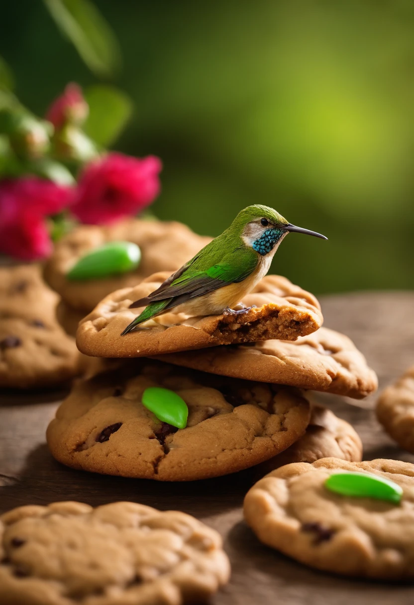 Biscoitos Cookies com gotas de chocolate (doce de leite), realista, ao fundo um beija flor(colibri)(green bird), (bird beija flor, green bird), cookies a frente (fundo um beija flor(colibri verde), bird, 4k, high resolution, biscoitos cookies, scenario (beija flor ao fundo, natureza), realista, Photo by the best photographer in the world, zoom. Grade, rustic cookies, cookies gotas de chocolate, nozes