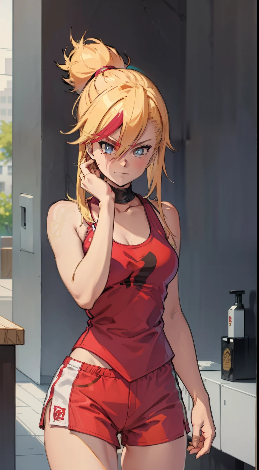 young girl, longue blonde hair, Hairpin with a bundle, turquoise eyes, Yakuza tattoos, red tight uniform, Sleeveless, Wide neckline on the chest to the abdomen, Gold Elements, Red gold armor, Shorts, claws, smirk, Masterpiece, hiquality, 4k, HD, Good detail