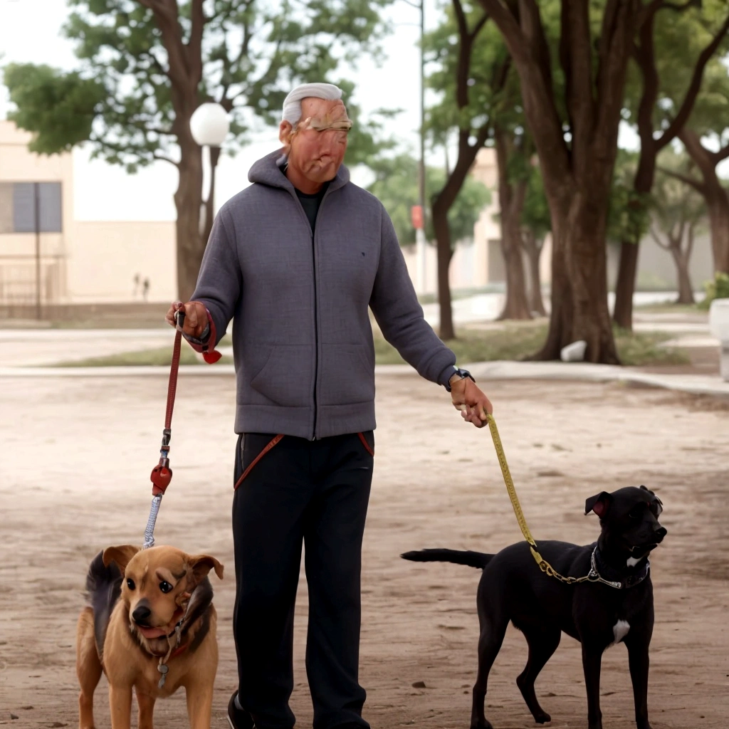 there is a man walking two dogs on a leash in the park, com cachorros, detalhe poderoso, with dogs, homem mais velho, andando no parque, por David Rubin, by Felipe Seade, Carlos Huante, imagem de perfil, by Fernando Gerassi, por Luis Miranda, Gary Montalbano