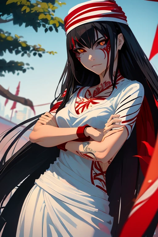 make a beautiful woman with long hair, black hair, red eyes, on both her arms she has tattoos covering them all, her clothes are bandanas on the top, scenery spider lily flowers