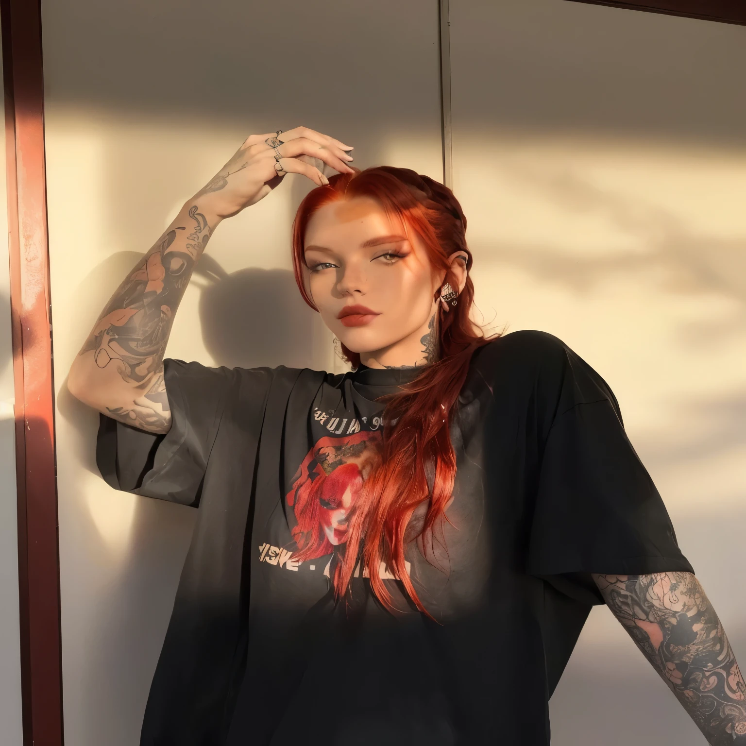 arafed woman with red hair and tattoos posing for a picture, with red hair, julia hetta, with long red hair, angie glocka, red hair and attractive features, arian mark, with tattoos, androgynous person, she is wearing streetwear, wearing a black tshirt, long glowing red hair, wearing black tshirt, profile pic, she has red hair