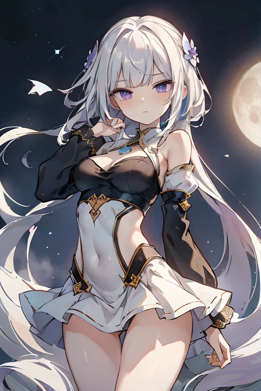 1girl, anime, cute girl, blank background, white background, fantasy, detailed fantasy dress with highlights, beautiful face, beautiful eyes, dark colors, black hair with multicolor streaks, red eye with different color pupil in eye, multicolor eye, medium breasts, slight cleavage, beautiful skin, cute, breast curtains, extremely delicate and beautiful, (beautiful detailed face:1.0), (detailed deep eyes), symmetrical breasts, deep eyes, shiny skin, portrait, slender waist, hips wider than shoulders, thighs, expressionless, young girl, luminous eyes, adorable,(Kpop idol),(aegyo sal:1),(Platinum blonde hair:1),((puffy eye)),Black panty,sexy posture,Superskirt, Ultra-high resolution,Black collar,slim figure, Abdominal y tattoo, womb tattoo,Tight-fitting leg ring,y tattoo on half-body,Bare skin, Armored hand,Hidden fingertips,Hand covered,Arm covered,Fist covered,{{beautiful detailed fingers}}, tufts of hair, moderate beautiful breast:1.0,(masterpiece:1.2), best quality, high-res, HDR, perfect face, intricate armor, delicate blue filigree, intricate filigree, red metalic parts, detailed part, dynamic pose, dynamic lights, cute face, neutral expression, shuimobysim, lotus, hanfu, maxi skirt, dress conservatively 1girl, solo, long blue hair, standing, One lady,14years,((White hair) ,(Shiny purple bodysuit with microskirt),((Fantasy, Moon Night)), gradient_eyes,