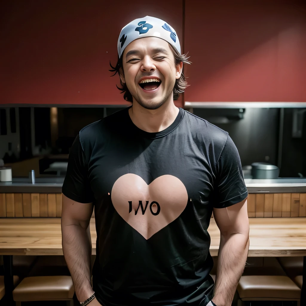 8K, ultra detailed, (realistic:1.2), masterpiece, 40yo, A man wearing a black T-shirt and a white bandana on his head, (laugh:1.5), (blush, hands heart:1.3), (fat, muscular:1.0), Ramen restaurant kitchen, standing