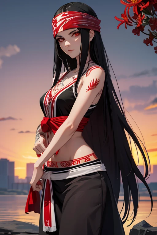 make a beautiful woman with long hair, black hair, red eyes, on both her arms she has tattoos covering them all, her clothes are bandanas on the top, scenery spider lily flowers