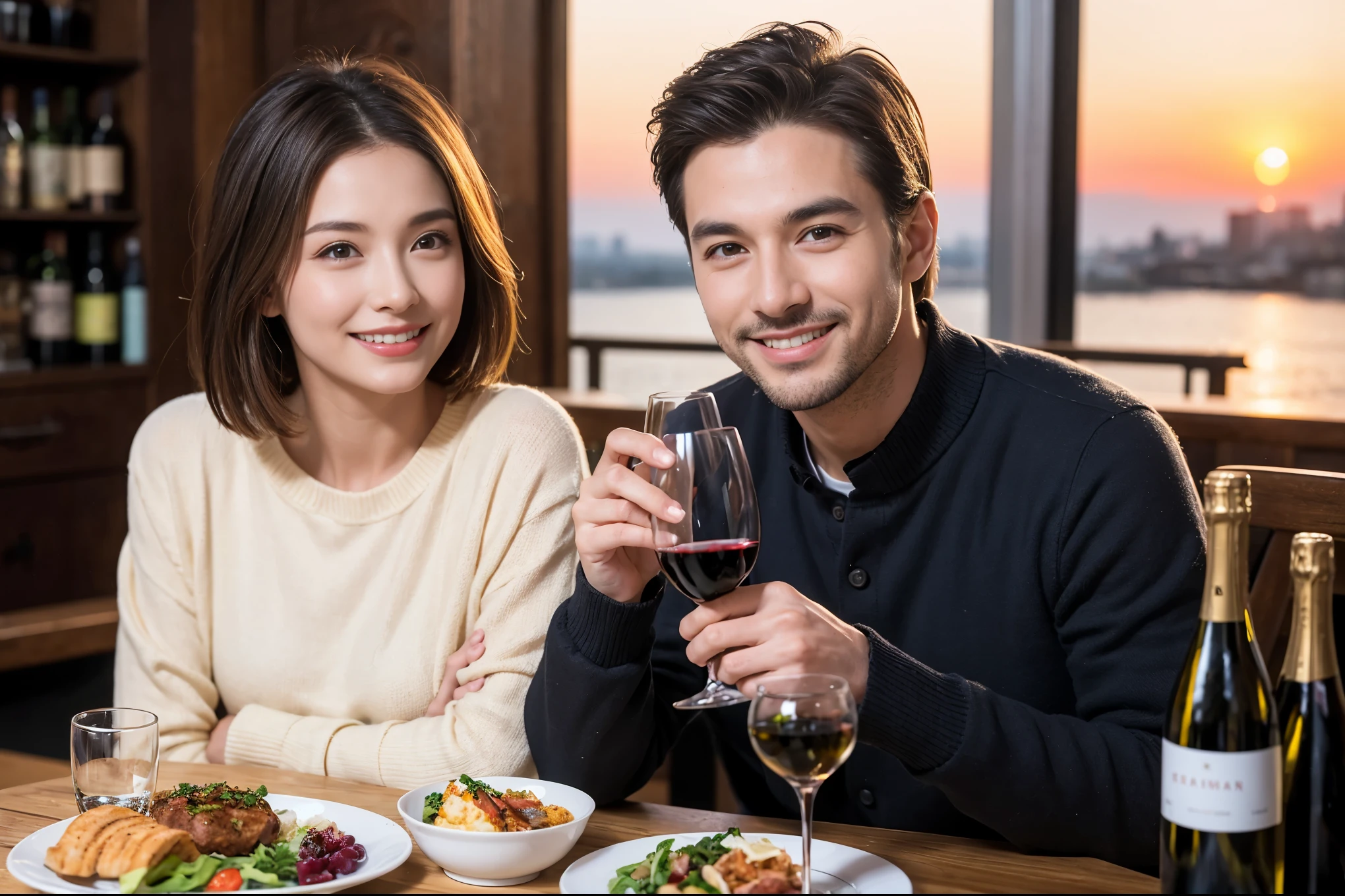 ((highest quality、8k、masterpiece:1.3))、 (Realistic, Real、Bright image、Intricate details:1.2), Best smile 1 man 1 woman、Beautiful couple、lover、couple、spouse、Beautiful couple、Happy smile、full-course dinner、 (Slim face), (Slim Body), (Brown Hair), (Short Hair), テーブルの上のwine glass、Please put light on my face、 Amazing view of the sunset sky and clouds、 (Age 42), 39 years old, red wine 、Appetizers、Wine bottle、sparkling wine、Long sleeve shirt、dress、White wine, red wine, wine glass,
