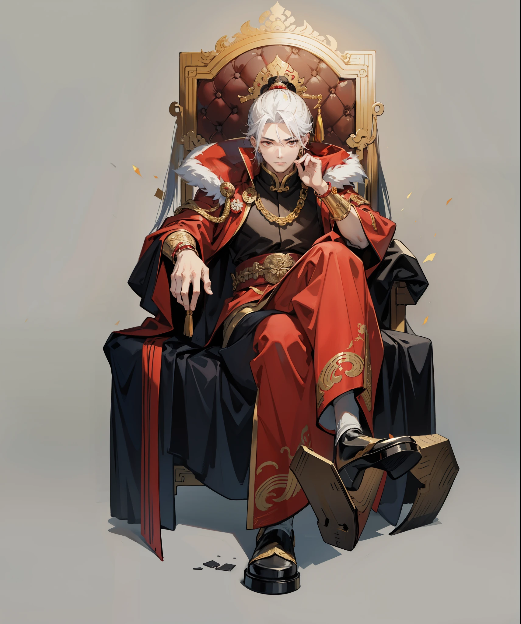 male,Chinese emperor,,Three Kingdoms时期,Golden red robe,Phnom Penh red cape,Golden shoulder blade,Gold bracers,White hair,Three Kingdoms,White background