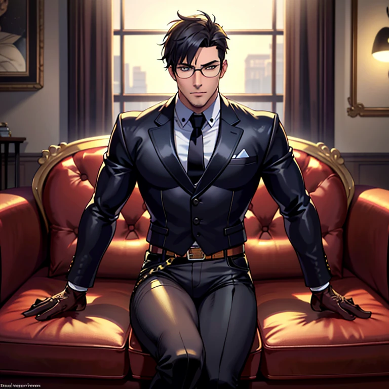 1boy, 16~20 years old, male focus, muscular male, nsfw, 3D, realistic, indoor, normal hue, central, golden ratio, sitting on the leather couch, sharp-featured body, tall, burly, highres, slender build, perfect anatomy, skin texture, thick dark buzzcut hair, see-through bangs, shallow eyebrow, symmetrical eyebrow, large bright eyes, symmetrical eyes, square gold-rimmed glasses, big straight nose, closed mouth, double-edged polearm, broad shoulders, noble attire, bdominal stretch, tight-fitting, leather collar, stand-up collared shirt, necktie, waistcoat, open thickened glossy dark leather jacket, six-pack abs, leather gloves, black trousers, leather belt, spreading long thin legs, large erect penis over 10 inches length and 3 inches width, erection, large scrotum with testicles, masturbation, high-heeled leather boots, soft smile, handsome, powerful, from front, looking ahead at viewer, day, masterpiece, best quality, hyper-detailed, intricate detail, professional photography, matte, bright, the most beautiful ever seen, post processing, dreamatic lighting, ambient lighting, epic composition, ultrawide shot, uplight, raytracing reflections, depth of field, gorgeous background