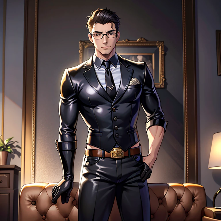1boy, ~20 years old, male focus, muscular male, nsfw, 3D, realistic, indoor, normal hue, central, golden ratio, sitting on the leather couch, sharp-featured body, tall, burly, highres, slender build, perfect anatomy, skin texture, thick dark buzzcut hair, see-through bangs, shallow eyebrow, symmetrical eyebrow, large bright eyes, symmetrical eyes, square gold-rimmed glasses, big straight nose, closed mouth, double-edged polearm, broad shoulders, noble attire, bdominal stretch, tight-fitting, leather collar, stand-up collared shirt, necktie, waistcoat, open thickened glossy dark leather jacket, six-pack abs, leather gloves, black trousers, leather belt, spreading long thin legs, large erect penis over 10 inches length and 3 inches width, erection, large scrotum with testicles, masturbation, high-heeled leather boots, soft smile, handsome, powerful, from front, looking ahead at viewer, day, masterpiece, best quality, hyper-detailed, intricate detail, professional photography, matte, bright, the most beautiful ever seen, post processing, dreamatic lighting, ambient lighting, epic composition, ultrawide shot, uplight, raytracing reflections, depth of field, gorgeous background