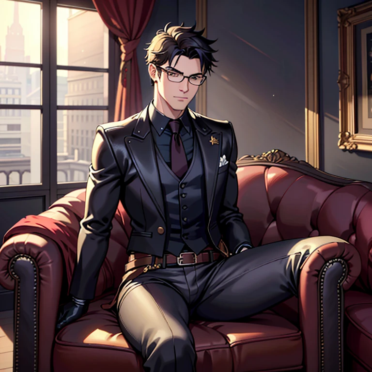 1boy, 16~20 years old, male focus, muscular male, nsfw, 3D, realistic, indoor, normal hue, central, golden ratio, sitting on the leather couch, sharp-featured body, tall, burly, highres, slender build, perfect anatomy, skin texture, thick dark buzzcut hair, see-through bangs, shallow eyebrow, symmetrical eyebrow, large bright eyes, symmetrical eyes, square gold-rimmed glasses, big straight nose, closed mouth, double-edged polearm, broad shoulders, noble attire, bdominal stretch, tight-fitting, leather collar, stand-up collared shirt, necktie, waistcoat, open thickened glossy dark leather jacket, six-pack abs, leather gloves, black trousers, leather belt, spreading long thin legs, large erect penis over 10 inches length and 3 inches width, erection, large scrotum with testicles, masturbation, high-heeled leather boots, soft smile, handsome, powerful, from front, looking ahead at viewer, day, masterpiece, best quality, hyper-detailed, intricate detail, professional photography, matte, bright, the most beautiful ever seen, post processing, dreamatic lighting, ambient lighting, epic composition, ultrawide shot, uplight, raytracing reflections, depth of field, gorgeous background