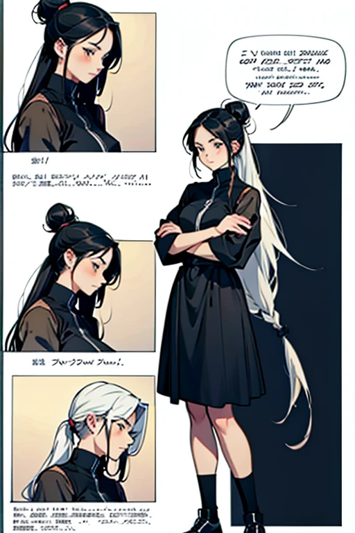 Girl with black hair in a bun hugging her friend with long white hair, full body positions, manga page with panels and dialogue 